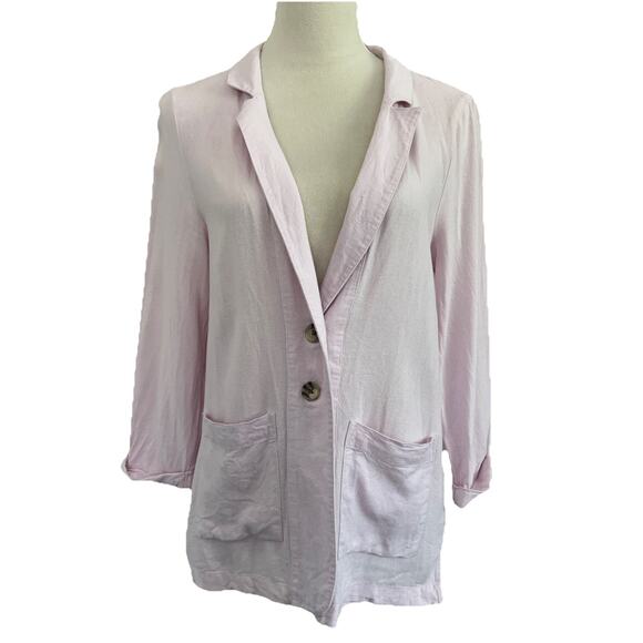 American Eagle Blazer Womens Sm Pink Linen Blend Two Button Closure Pockets Work - Picture 1 of 13